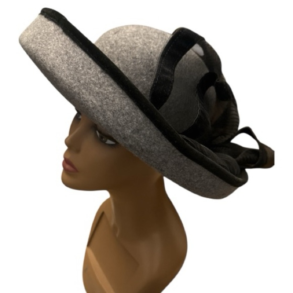 Vintage Grey 100% Wool Hat Black Velvet Trim & Bow-Made in USA-WPL #4584